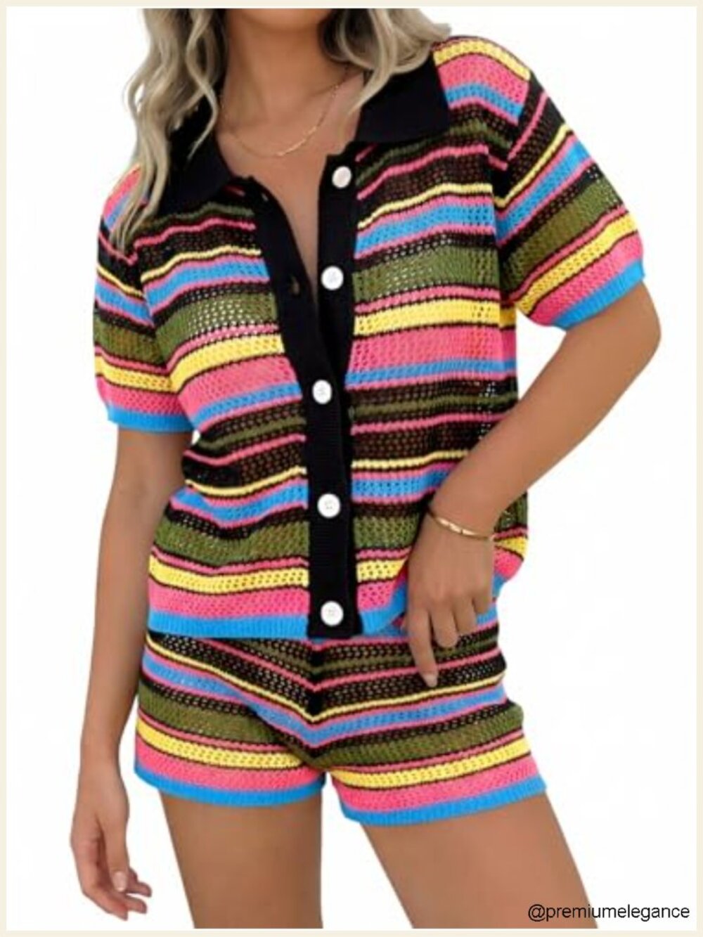 Women's 2 Piece Knit Short Set Color Block Puff Sleeve Summer Outfit
